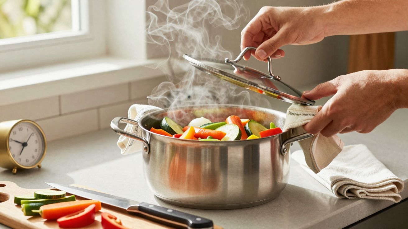 Mãos a levantar tampa de panela com legumes variados a cozinhar e vapor a sair, em bancada de cozinha iluminada.