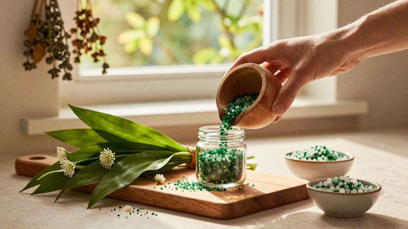 Mão a despejar cristais verdes e brancos num frasco com flores e plantas sobre tábua de madeira.