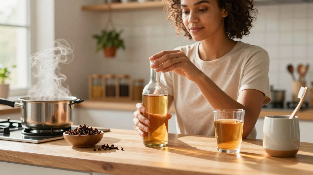 Mulher a preparar chá quente numa cozinha luminosa, segurando uma garrafa de vidro com líquido âmbar.