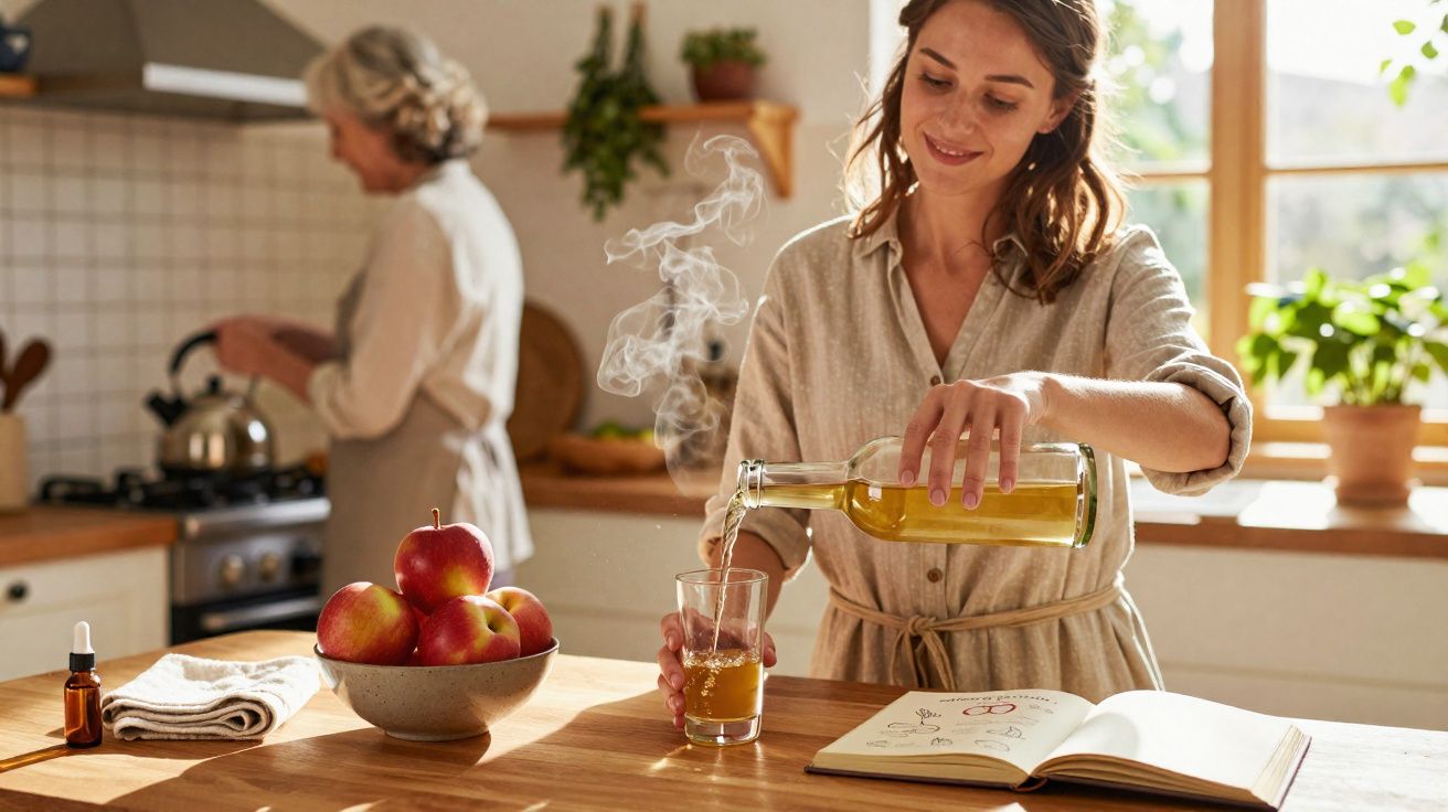 Mulher jovem a servir chá quente enquanto uma pessoa idosa prepara algo na cozinha luminosa.