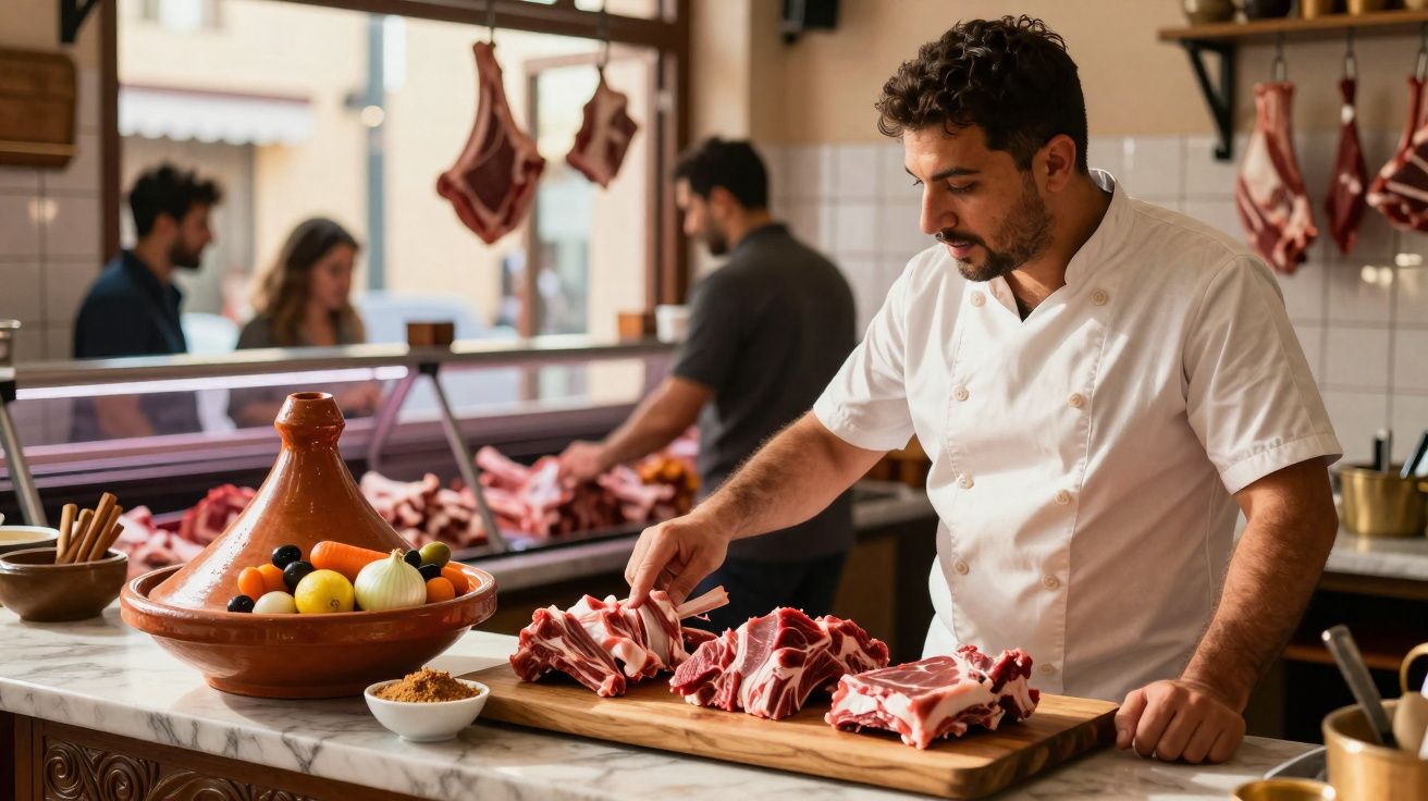 Talhante a cortar e organizar carne numa tábua de madeira numa loja tradicional de talho.