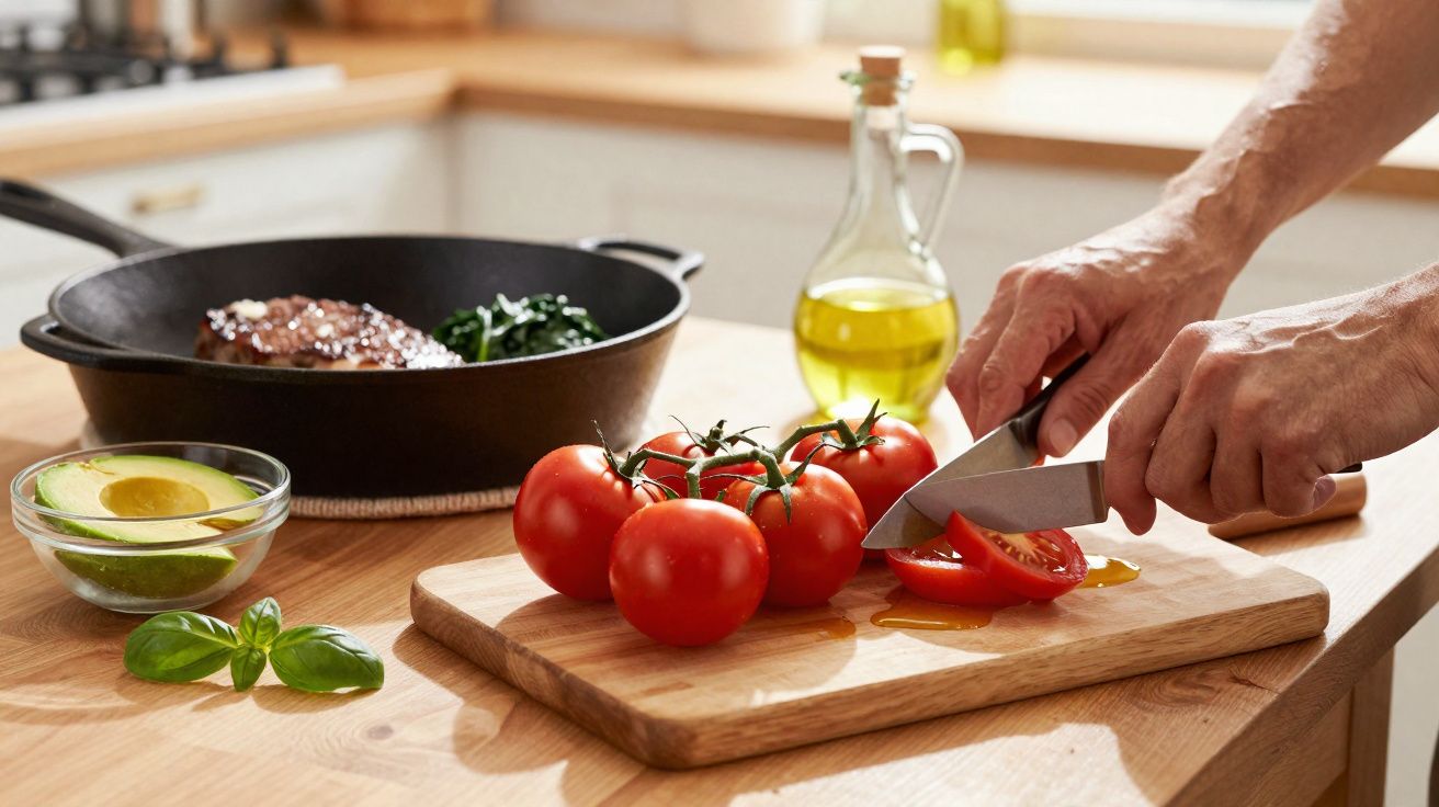 Pessoa a cortar tomate num tábua de madeira, com abacate, manjericão e panela com carne e espinafres à vista.