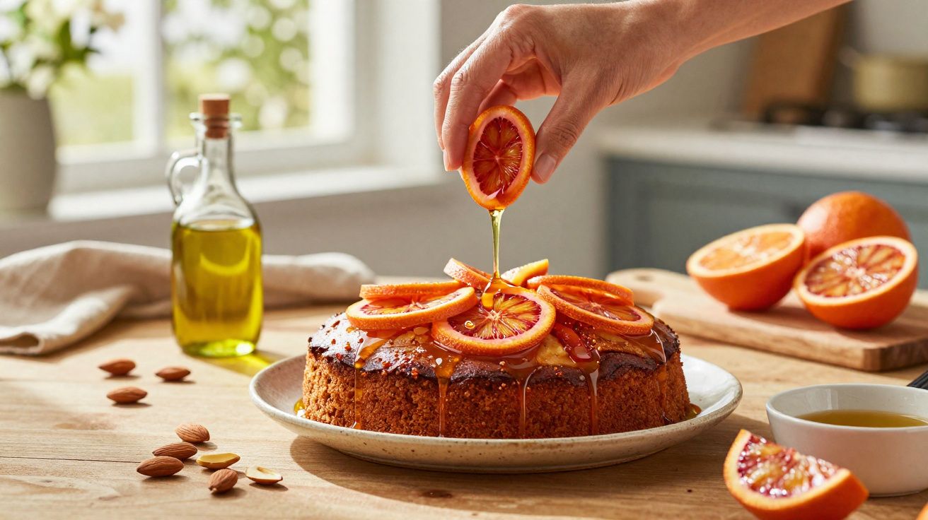 Mão a decorar bolo com fatias de laranja sanguínea e mel numa cozinha iluminada por luz natural.