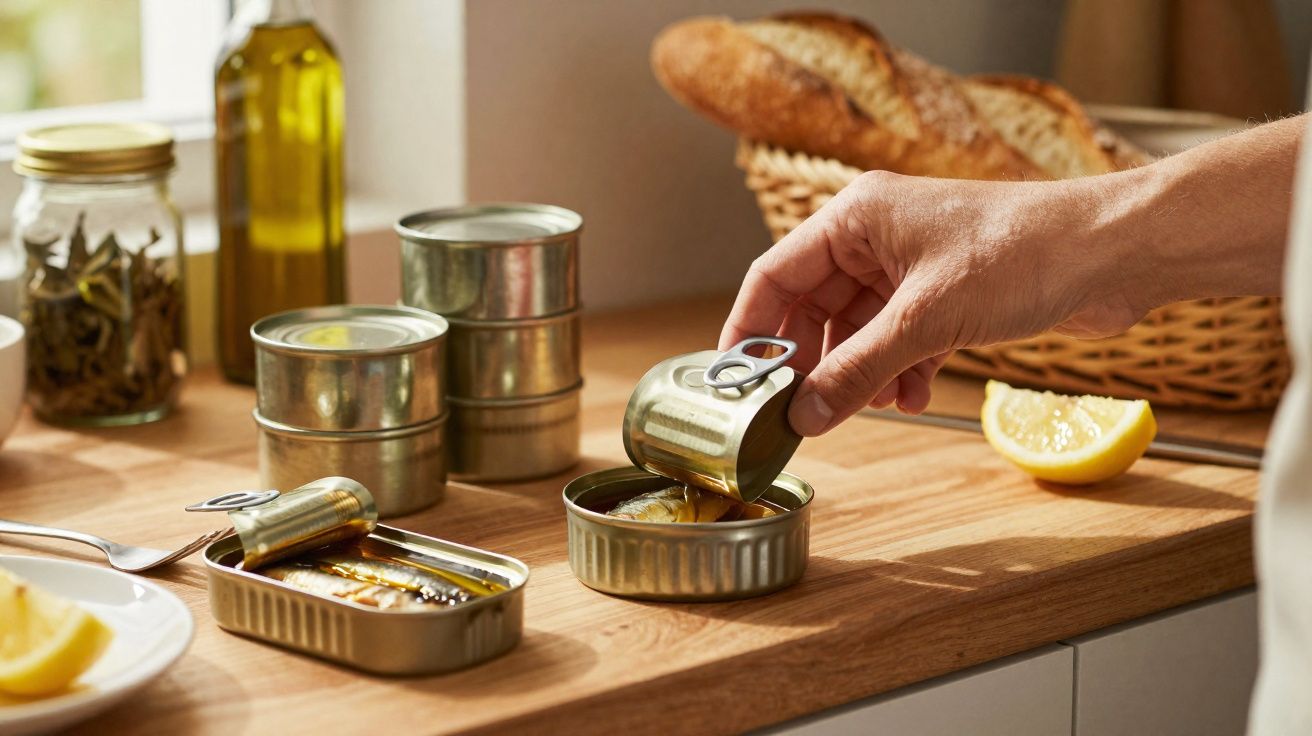 Mão a abrir lata de conserva com várias latas empilhadas e pão numa cesta sobre mesa de cozinha.