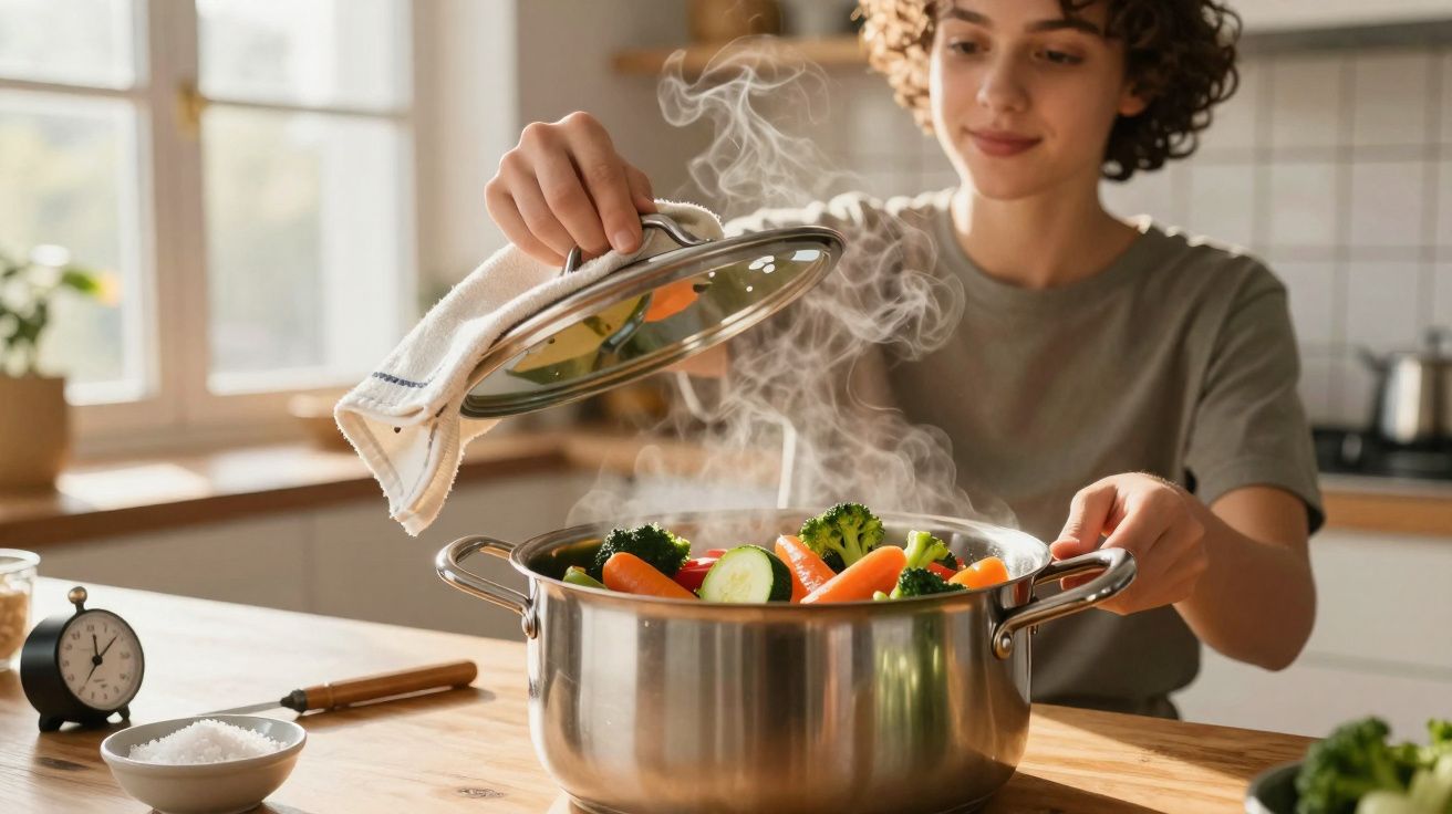 Pessoa a levantar tampa de panela ao vapor com legumes frescos na cozinha.