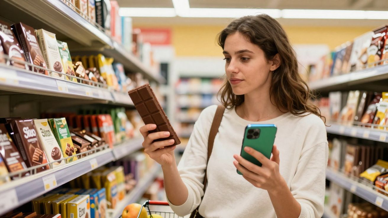 Mulher com telemóvel na mão a escolher barra de chocolate num supermercado.