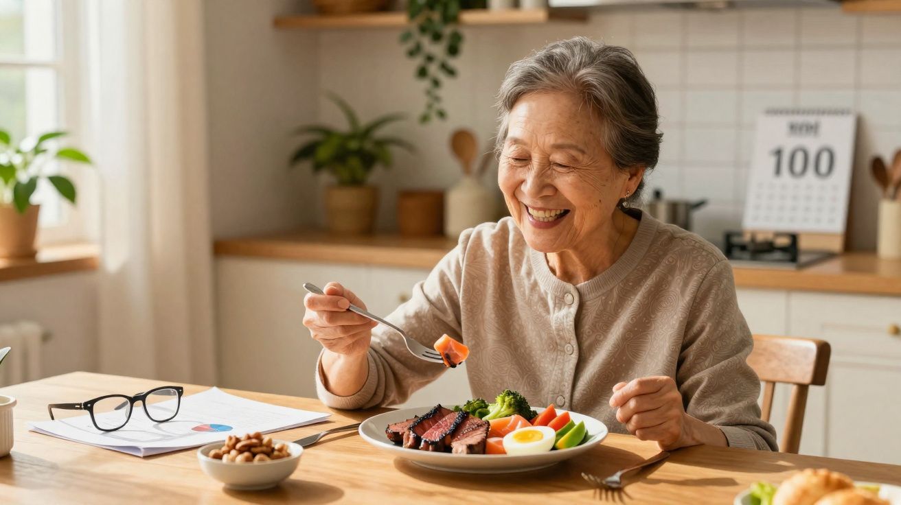 Mulher idosa sorridente a comer refeição saudável com legumes e ovo, sentada à mesa numa cozinha luminosa.
