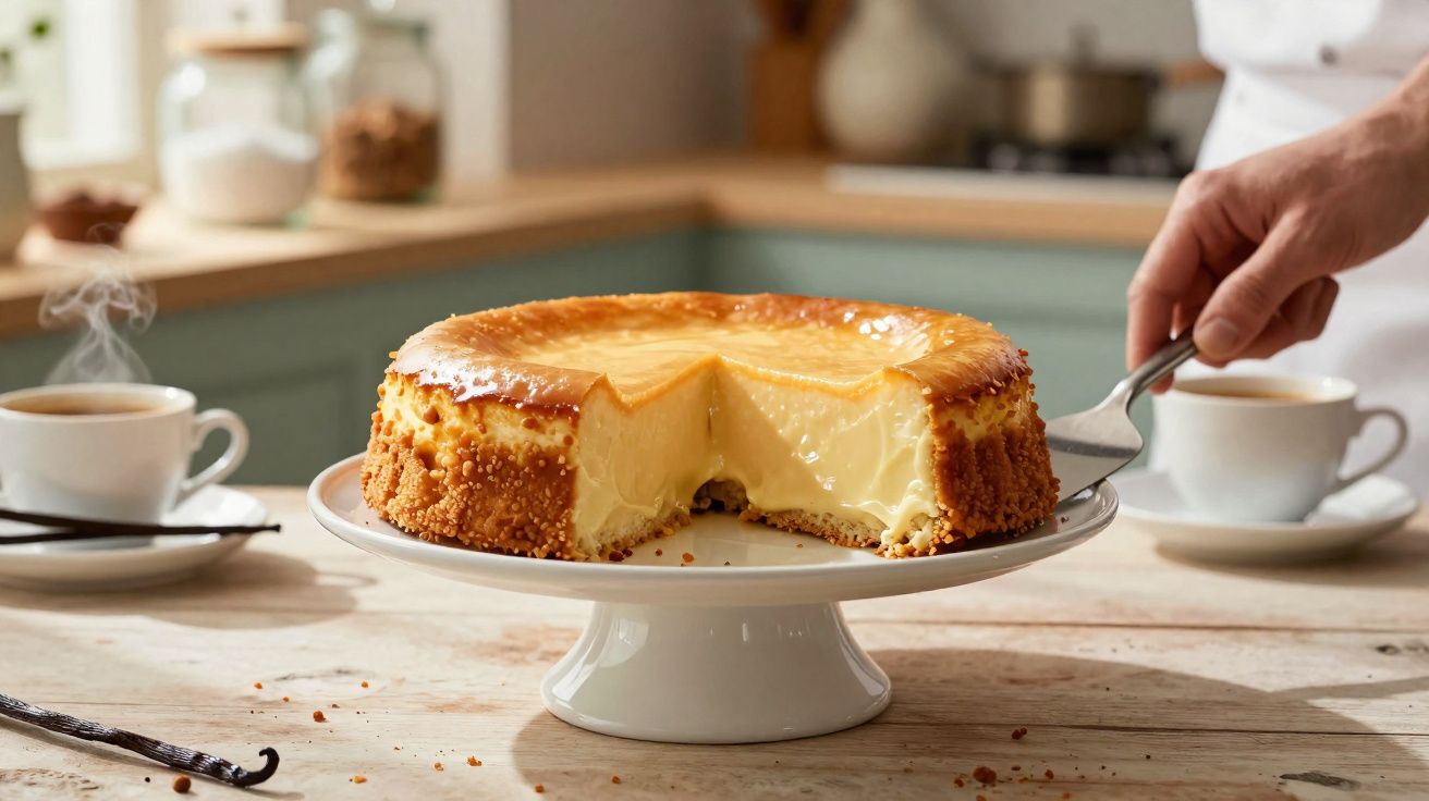 Bolo de queijo cremoso com crosta dourada servido num prato de bolo branco com chá quente ao fundo.