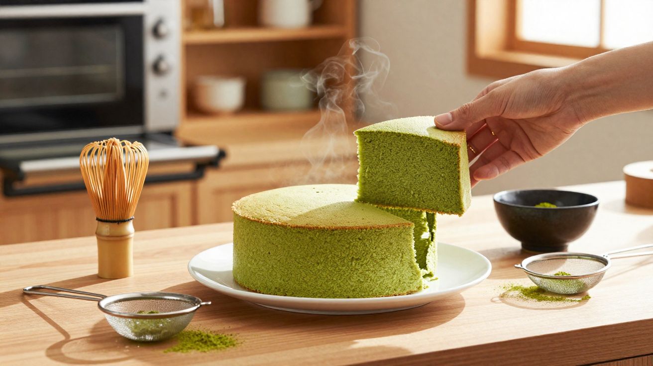 Pessoa a retirar fatia de bolo fofo verde com vapor, em prato sobre bancada de cozinha com utensílios de chá.