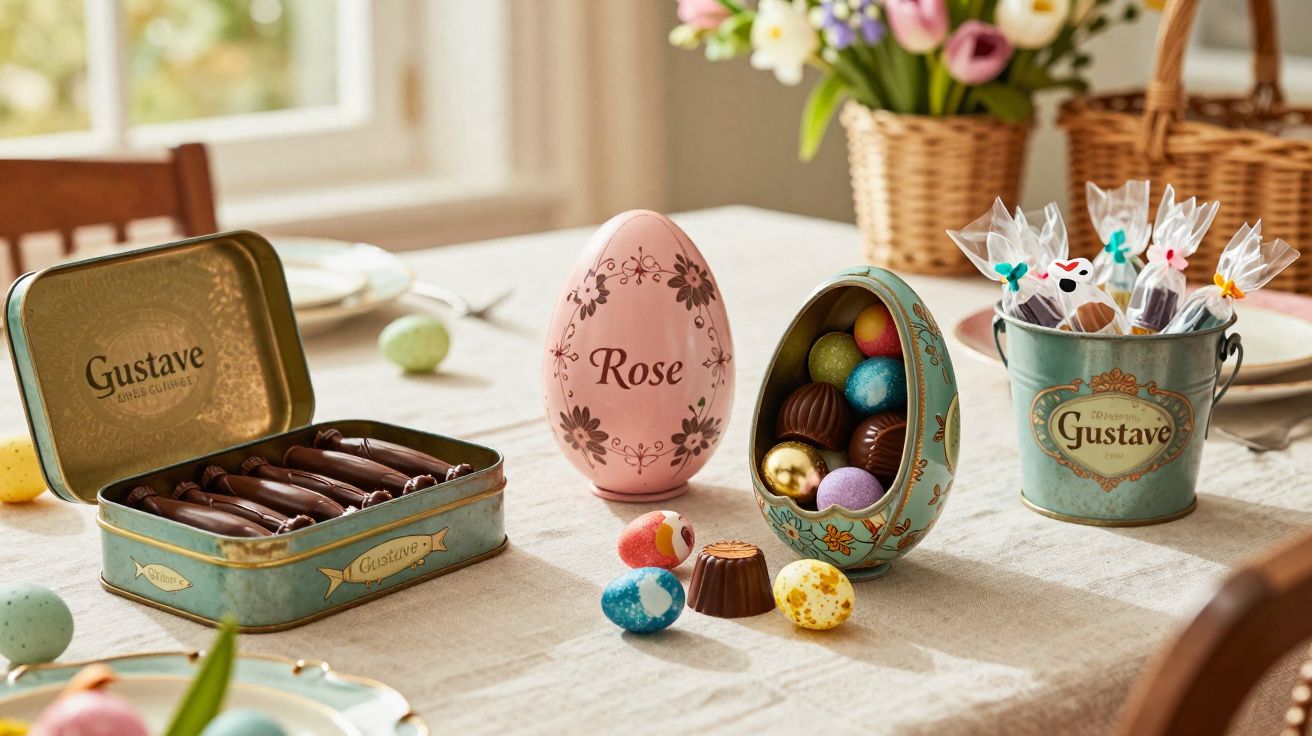 Mesa com ovos de Páscoa decorativos, chocolates e flores num ambiente acolhedor e primaveril.