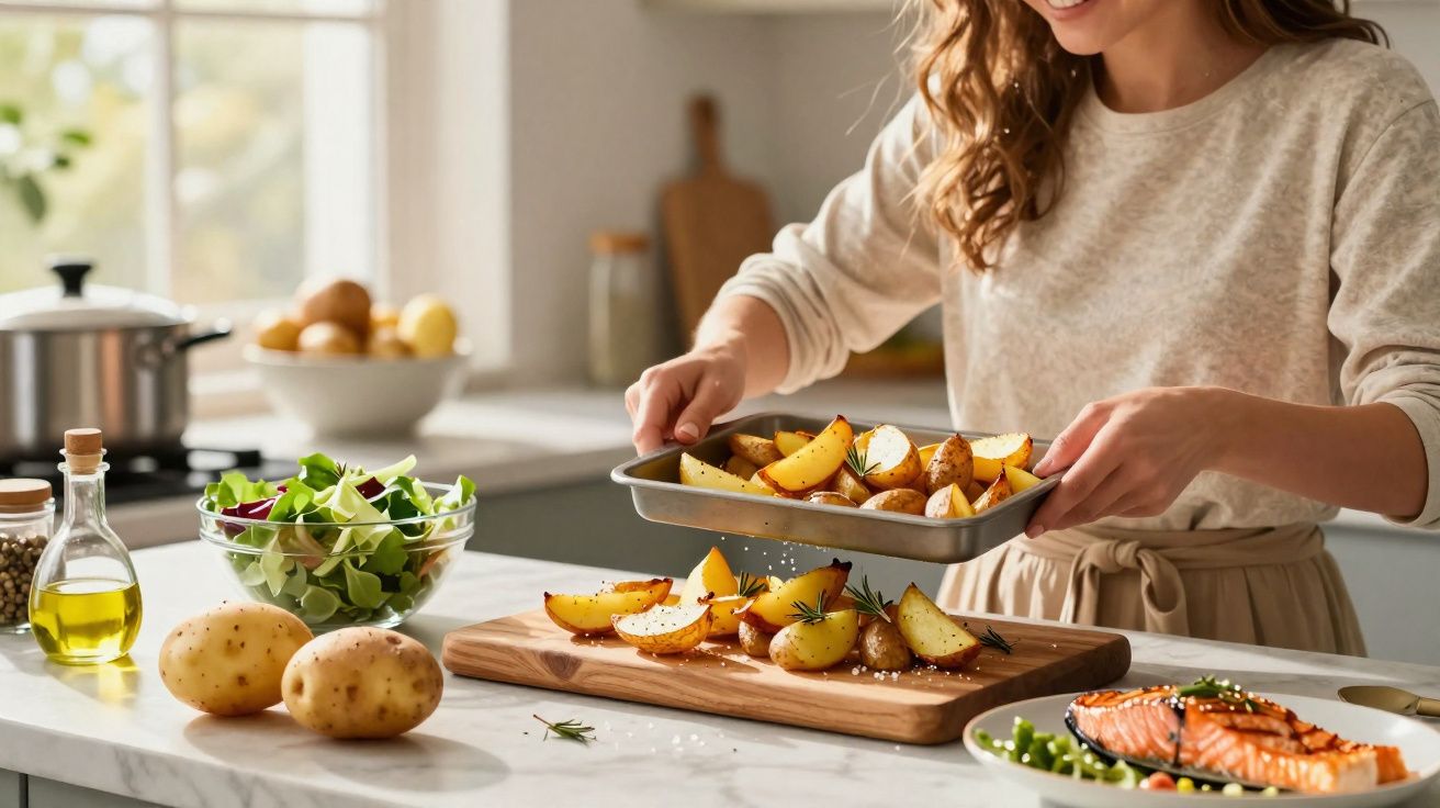 Mulher a temperar batatas assadas numa cozinha luminosa com legumes, salmão e azeite à sua frente.