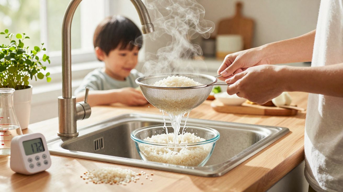 Pessoa a coar arroz quente numa peneira sobre uma tigela numa cozinha com criança ao fundo.