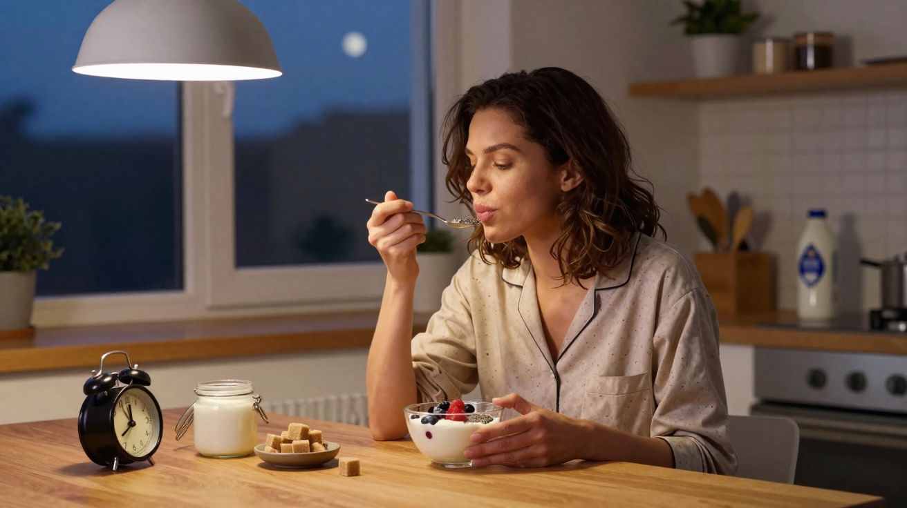 Mulher em pijama a comer uma taça de iogurte com frutos à mesa numa cozinha durante a noite.
