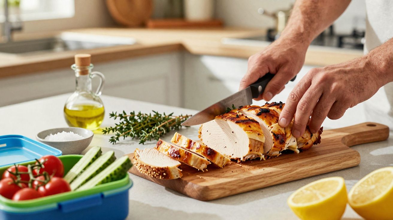 Pessoa a cortar peito de frango grelhado numa tábua de madeira numa cozinha moderna.