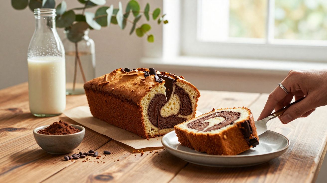 Bolo marmore com cobertura de chocolate em fatias, leite numa garrafa e cacau em pó, sobre mesa de madeira.