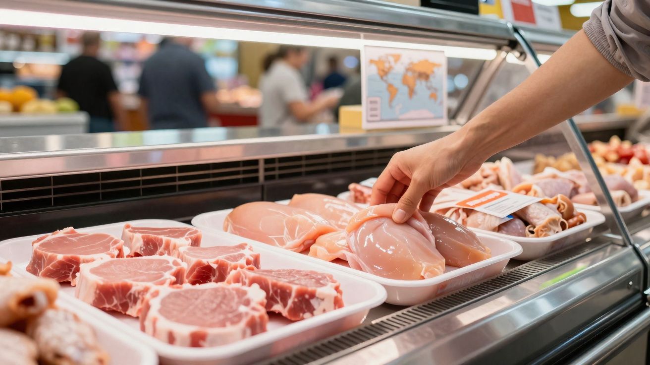Pessoa a escolher peito de frango fresco numa charcutaria com várias carnes expostas.