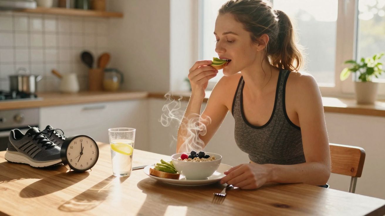 Mulher jovem a comer pequeno-almoço saudável numa cozinha luminosa com ténis e relógio na mesa.