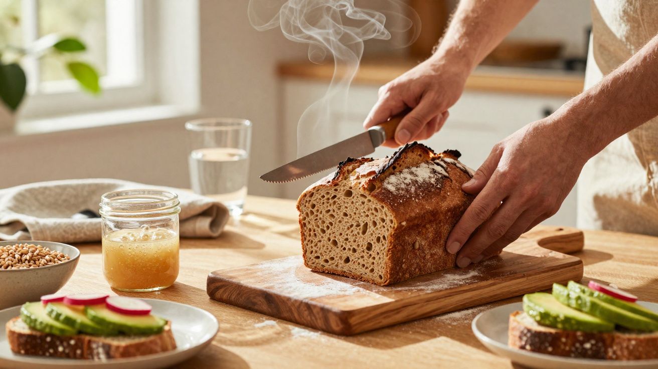 Pessoa a cortar pão fresco com faca numa tábua de madeira numa mesa com torradas e temperos.