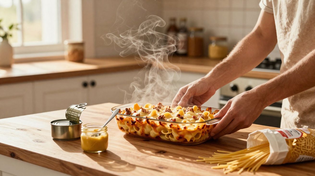 Prato de massa quente com molho e carne, mãos a retirar do forno numa cozinha iluminada.