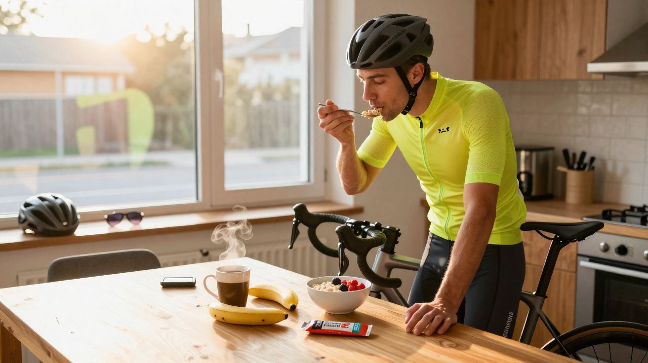 Homem de capacete come cereal na cozinha ao lado de bicicleta com café e frutas na mesa.