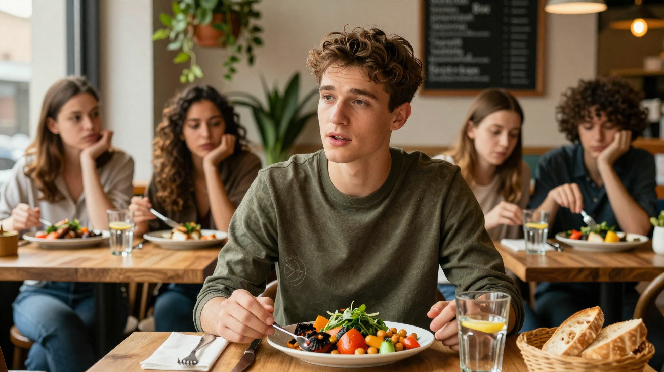 Jovem sentado a almoçar numa mesa com salada, pão e copo de água, com quatro pessoas ao fundo num restaurante.