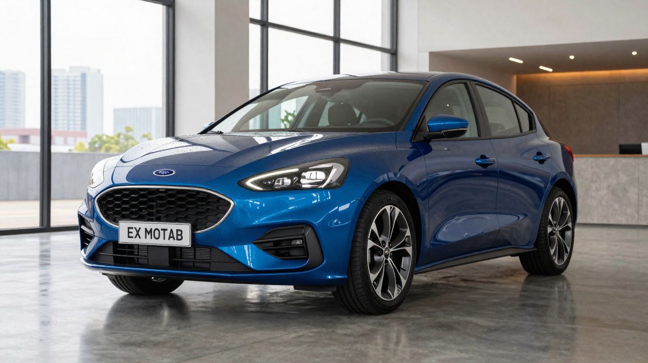 Carro azul desportivo estacionado num espaço interior com grandes janelas e chão em cimento polido.