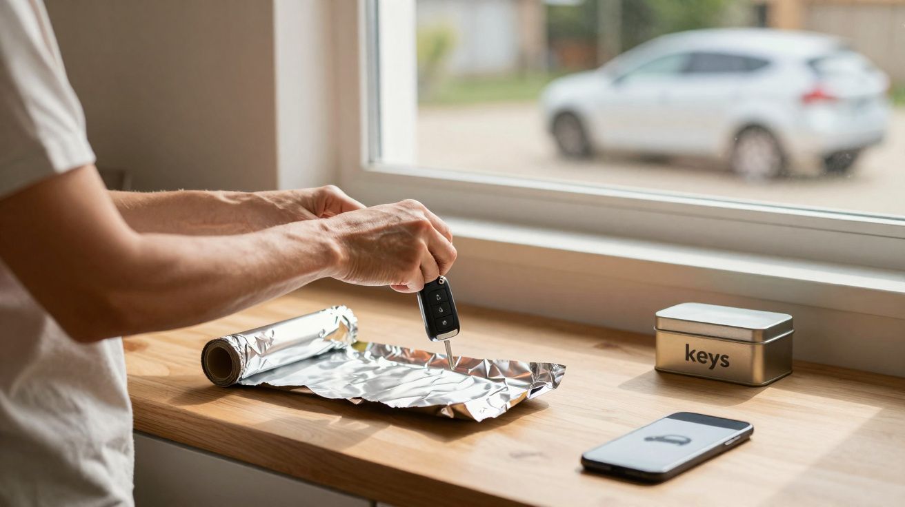 Pessoa a limpar uma chave de carro com uma folha de alumínio sobre uma mesa junto a uma janela.