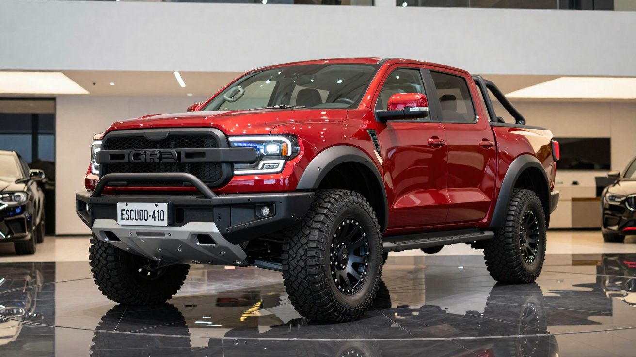 Pick-up vermelha com pneus reforçados exposta em salão automóvel moderno.