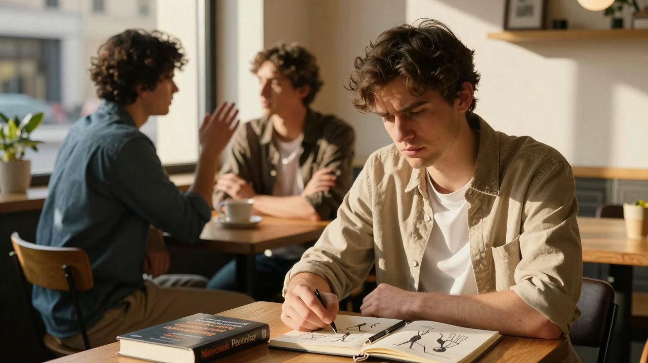 Jovem desenha num caderno enquanto dois homens conversam ao fundo numa cafetaria iluminada a luz natural.