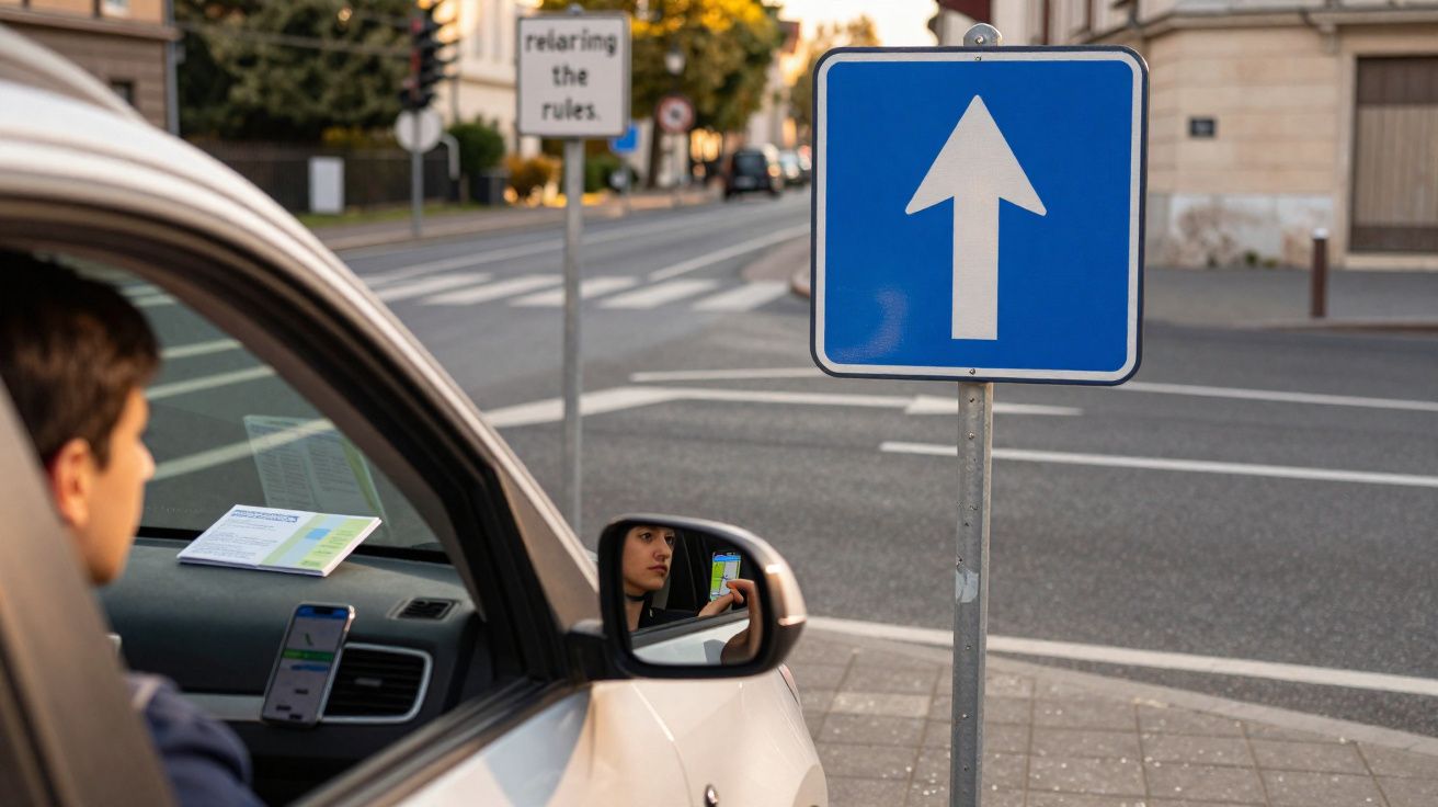 Condutor num carro parado junto a um sinal de trânsito que indica direção obrigatória para a frente.
