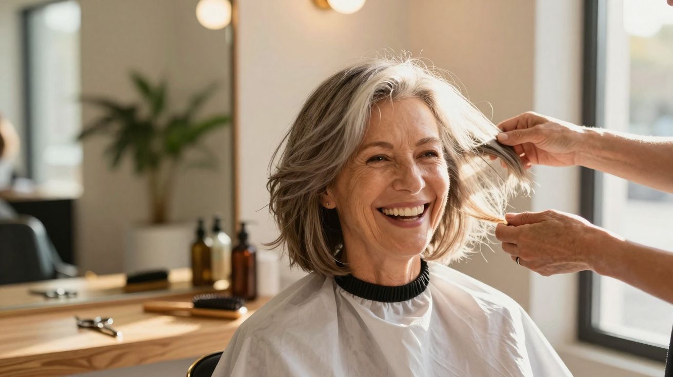 Mulher sorridente durante corte de cabelo num salão, com luz natural e ambiente acolhedor.