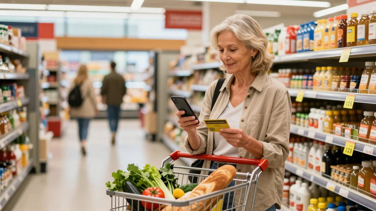 Mulher idosa a usar smartphone e cartão num supermercado com carrinho cheio de legumes e pão.