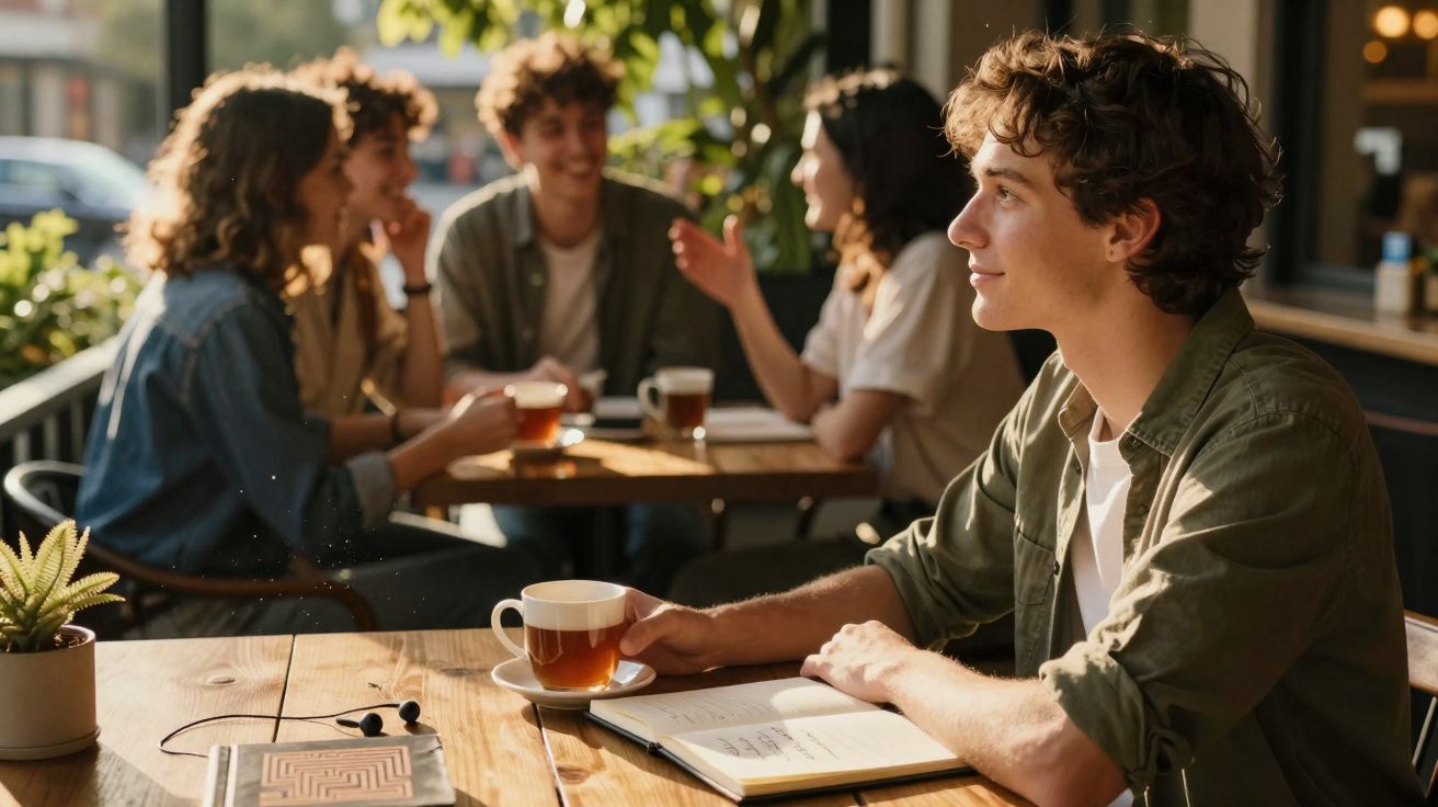 Jovem sentado à mesa de café com chá e livro aberto, enquanto grupo conversa ao fundo numa esplanada.