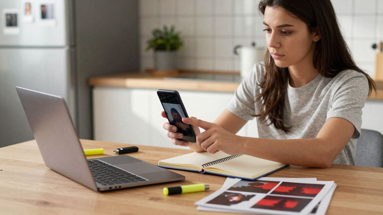 Mulher sentada numa mesa em casa a usar o telemóvel, com computador portátil e documentos à sua frente.