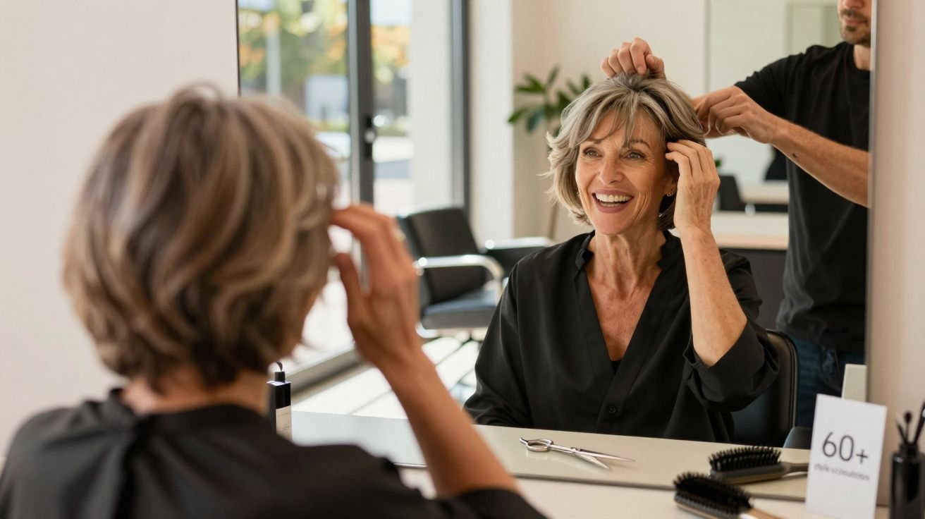 Mulher madura sorridente a olhar-se ao espelho enquanto cabeleireiro arruma o seu cabelo num salão.