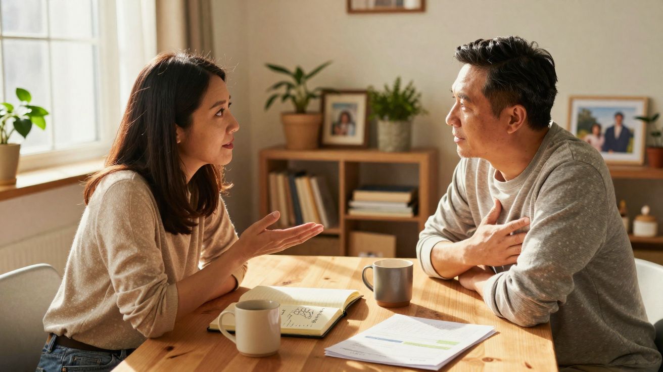 Casal asiático a conversar seriamente à mesa com documentos e canecas numa sala iluminada.