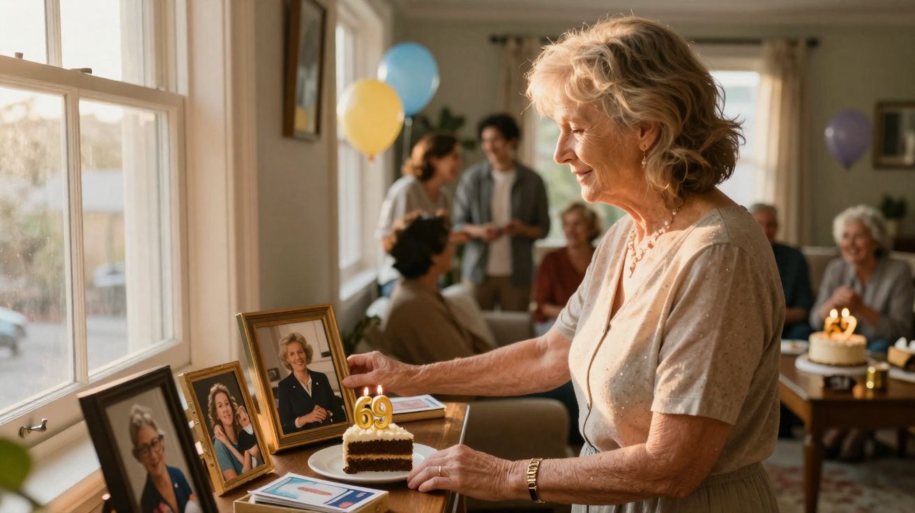 Mulher a celebrar 69 anos, a olhar fotos antigas num bolo pequeno com velas douradas, família ao fundo.