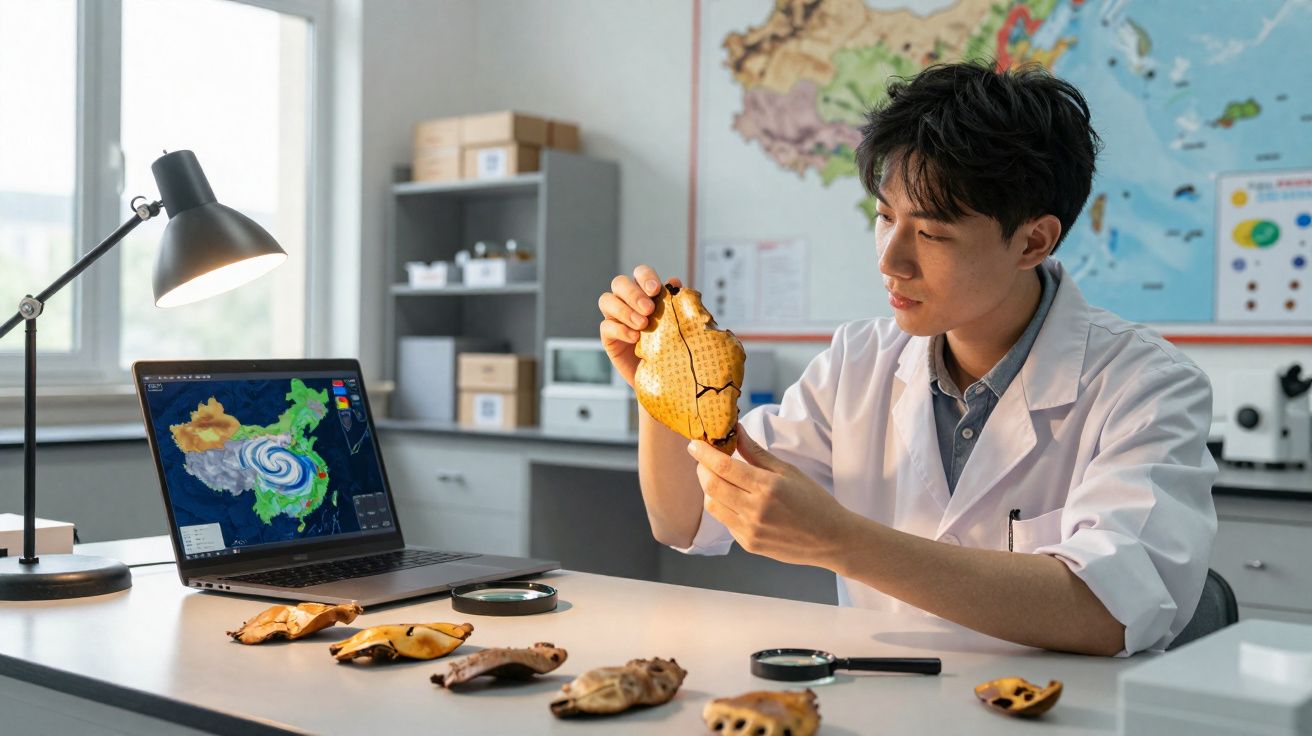 Cientista examina amostras de fósseis na mesa com laptop e mapas ao fundo num laboratório.