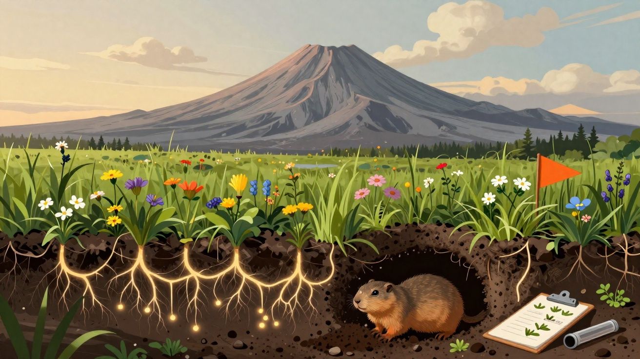 Ilustração do ciclo de vida subterrâneo de flores com raízes iluminadas e um pequeno roedor junto a uma toca e material de es