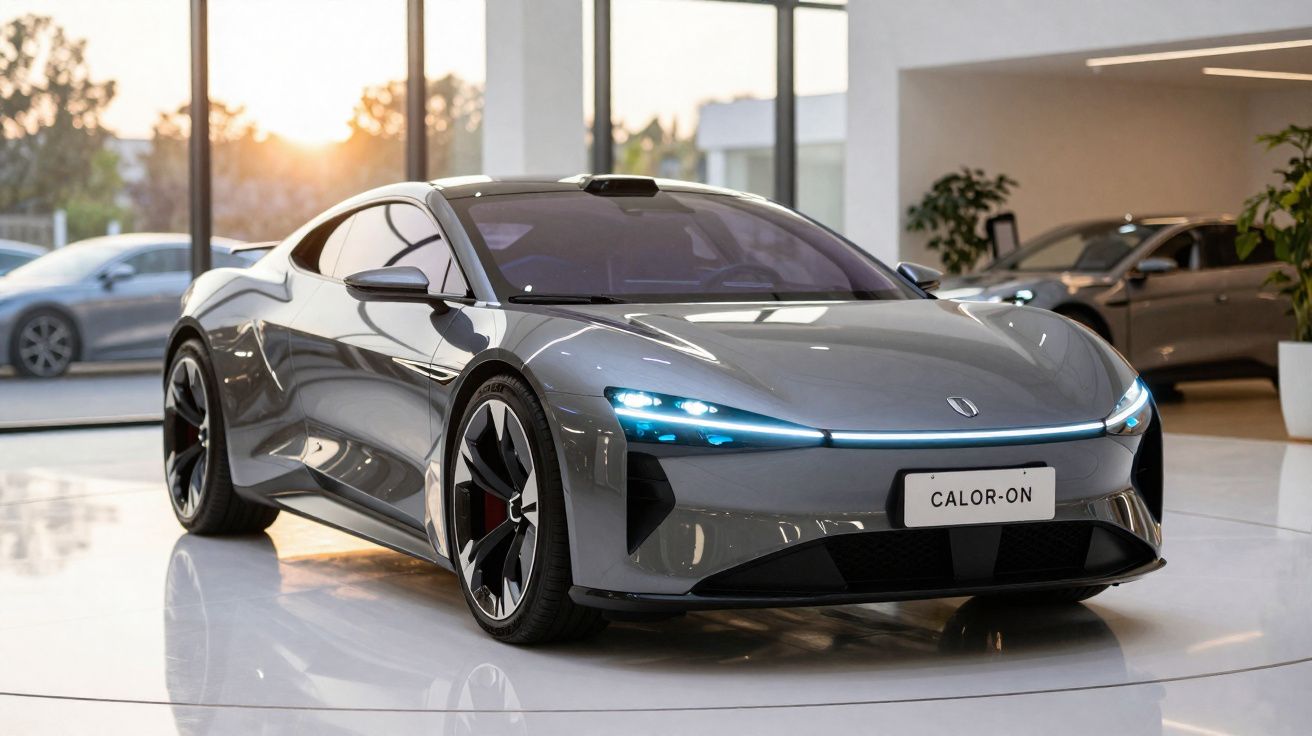Carro elétrico cinzento futurista com faróis LED azuis numa exposição moderna com grande iluminação natural.