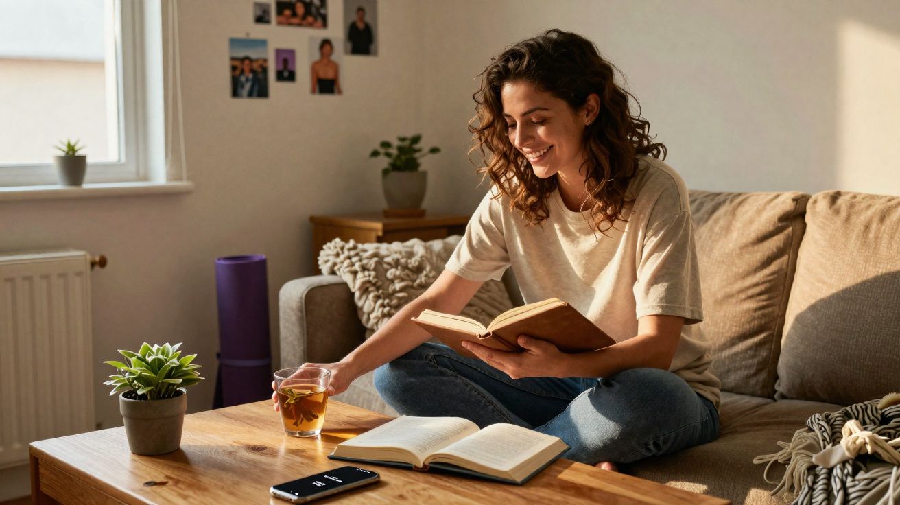 Mulher sentada no sofá a ler um livro e a pegar numa chávena de chá num ambiente acolhedor em casa.