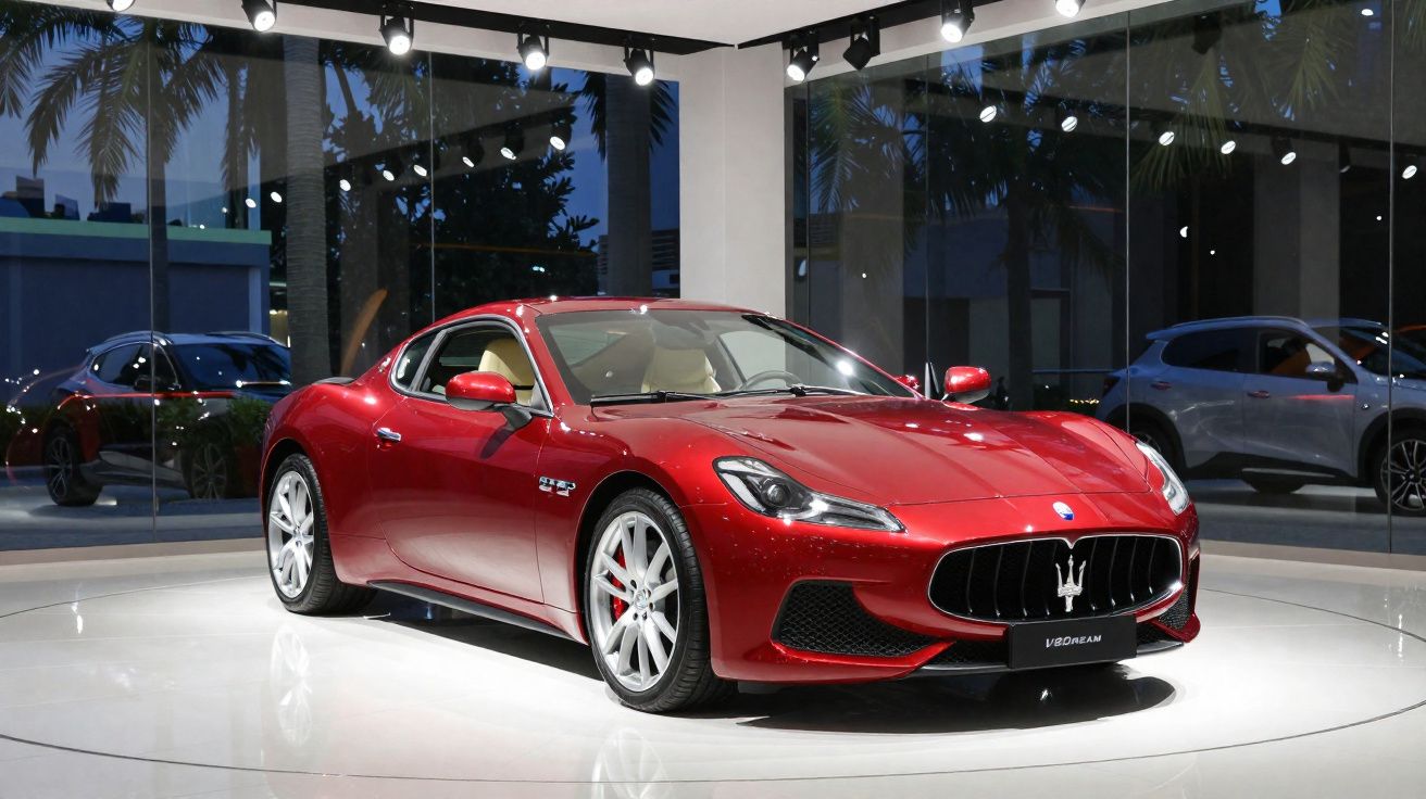 Carro desportivo vermelho Maserati V8 GranTurismo exposto numa sala de exposição moderna com janelas de vidro.