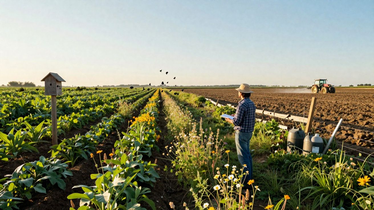 Agricultor a observar plantações floridas num campo com um trator e casa de pássaros ao fundo.