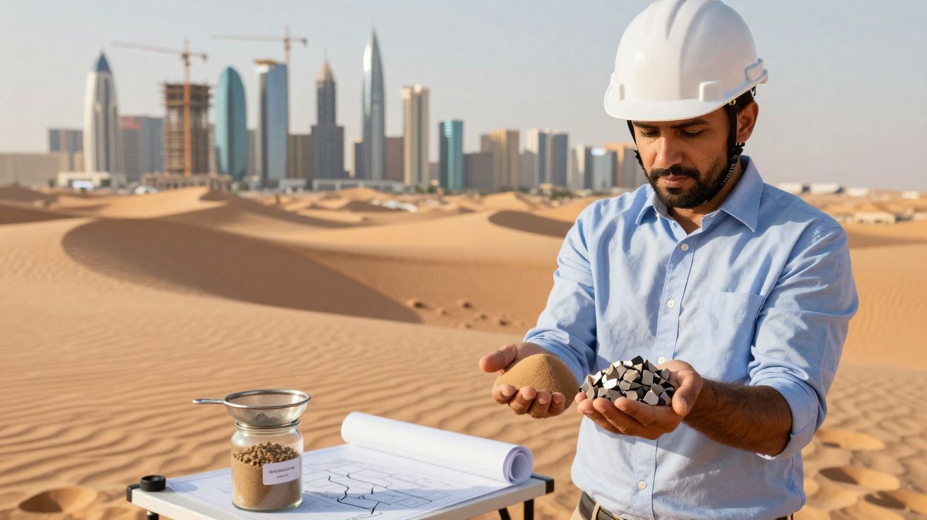 Engenheiro com capacete branco segura areia e pedras no deserto, com cidade e maquete ao fundo.