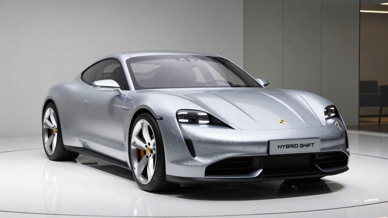 Carro desportivo elétrico cinza Prata com design aerodinâmico e faróis LED modernos, em estúdio minimalista.