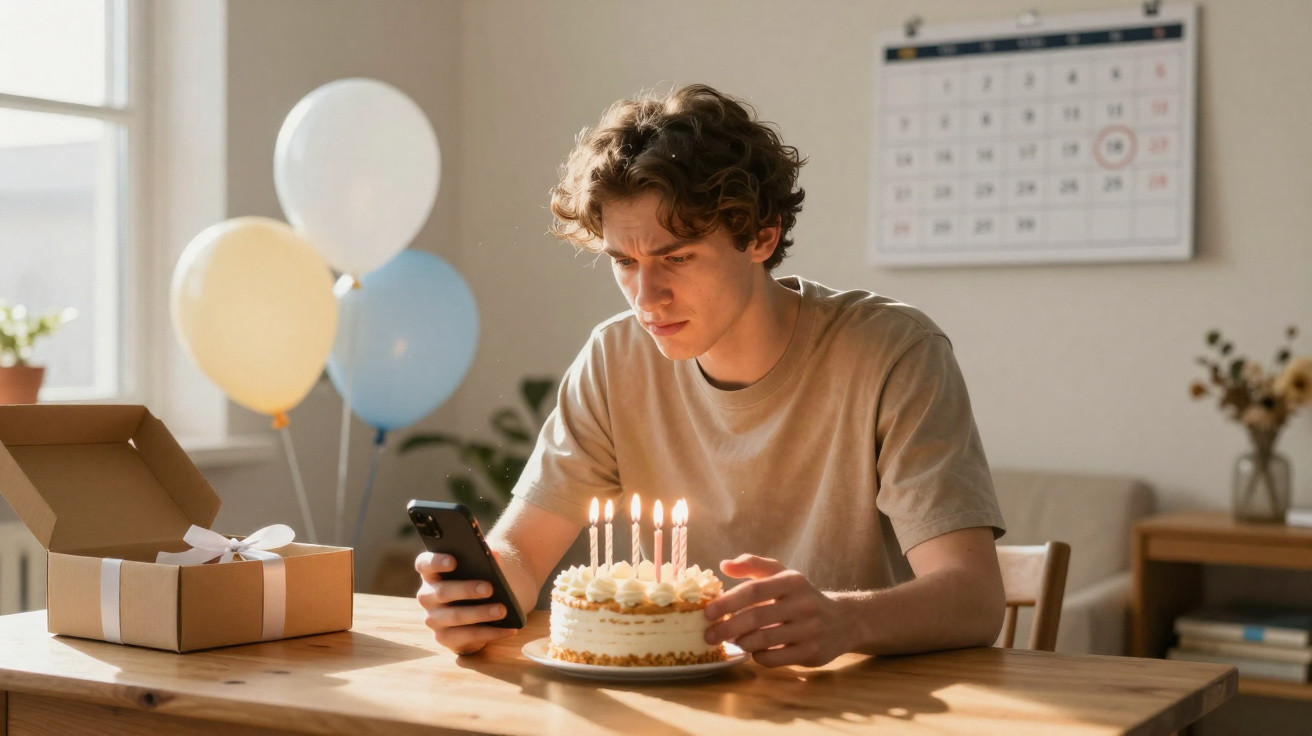 Jovem sentado à mesa a olhar para o telemóvel com bolo de aniversário aceso e caixas de presente ao lado.