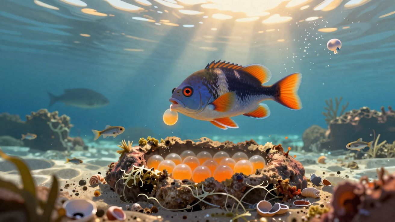 Peixe colorido apanha ovo em ninhal subaquático, com luz solar filtrada e corais ao fundo.