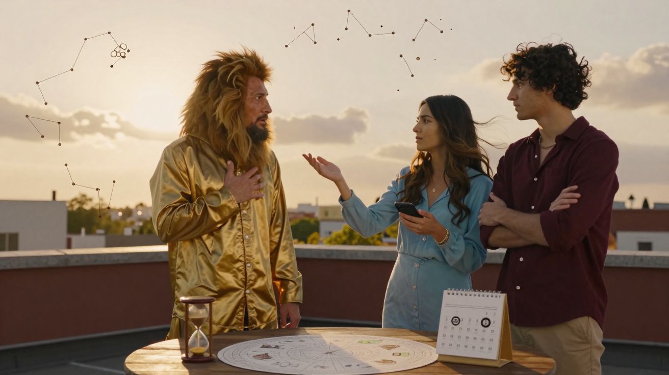 Três pessoas no telhado: uma vestida de leão dourado conversa com um casal com mapas e calendário à mesa.