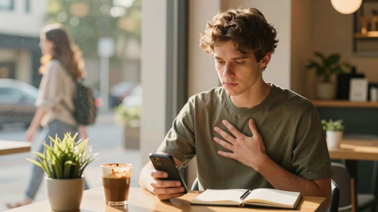 Jovem sentado numa cafetaria com expressão preocupada, a olhar para o telemóvel e com a mão no peito.
