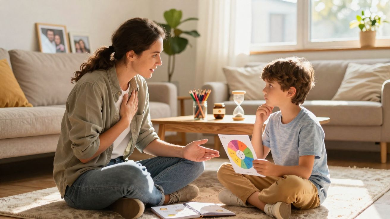 Mulher e menino sentados no chão da sala a conversar, com jogos e papéis coloridos entre eles.